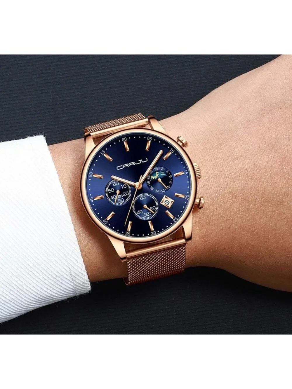 Men's Rose Gold Blue Chronograph Waterproof Steel Quartz Mesh Strap Casual Watch